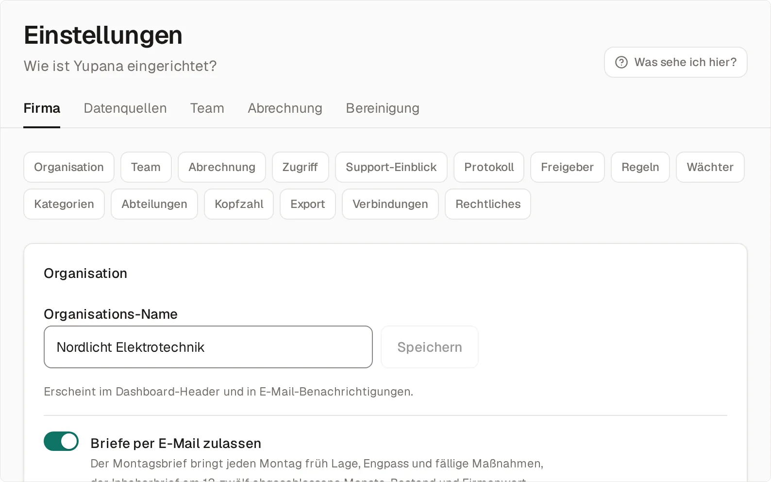 Die Einstellungen: oben die Reiter, darunter die Sprungleiste und der Abschnitt Organisation mit dem Namen „Nordlicht Elektrotechnik“ und dem Schalter „Briefe per E-Mail zulassen“.